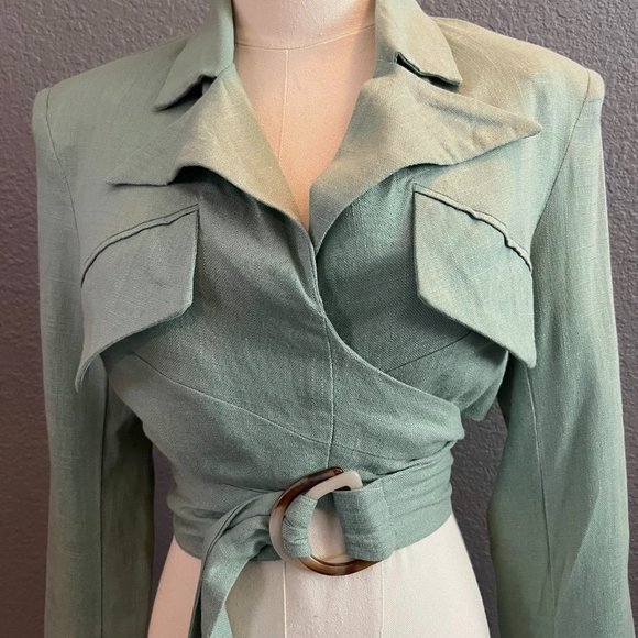 JLUXLABEL Myling Linen Blend Cropped Wrap Top Jacket in Sage Green - NWT - Small - Picture 2 of 12